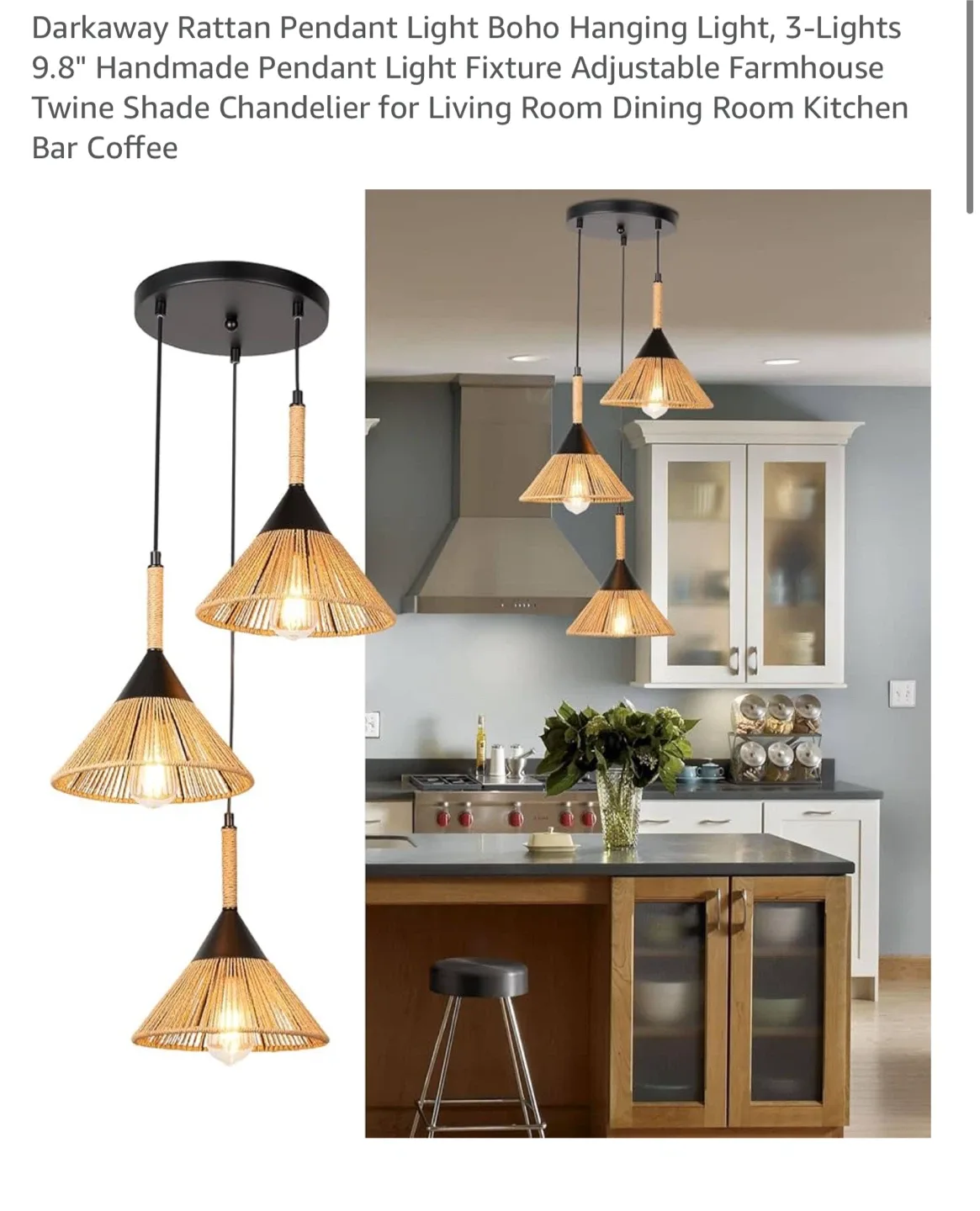 Darkaway Rattan Pendant Light - Boho 3-Light Fixture thumbnail