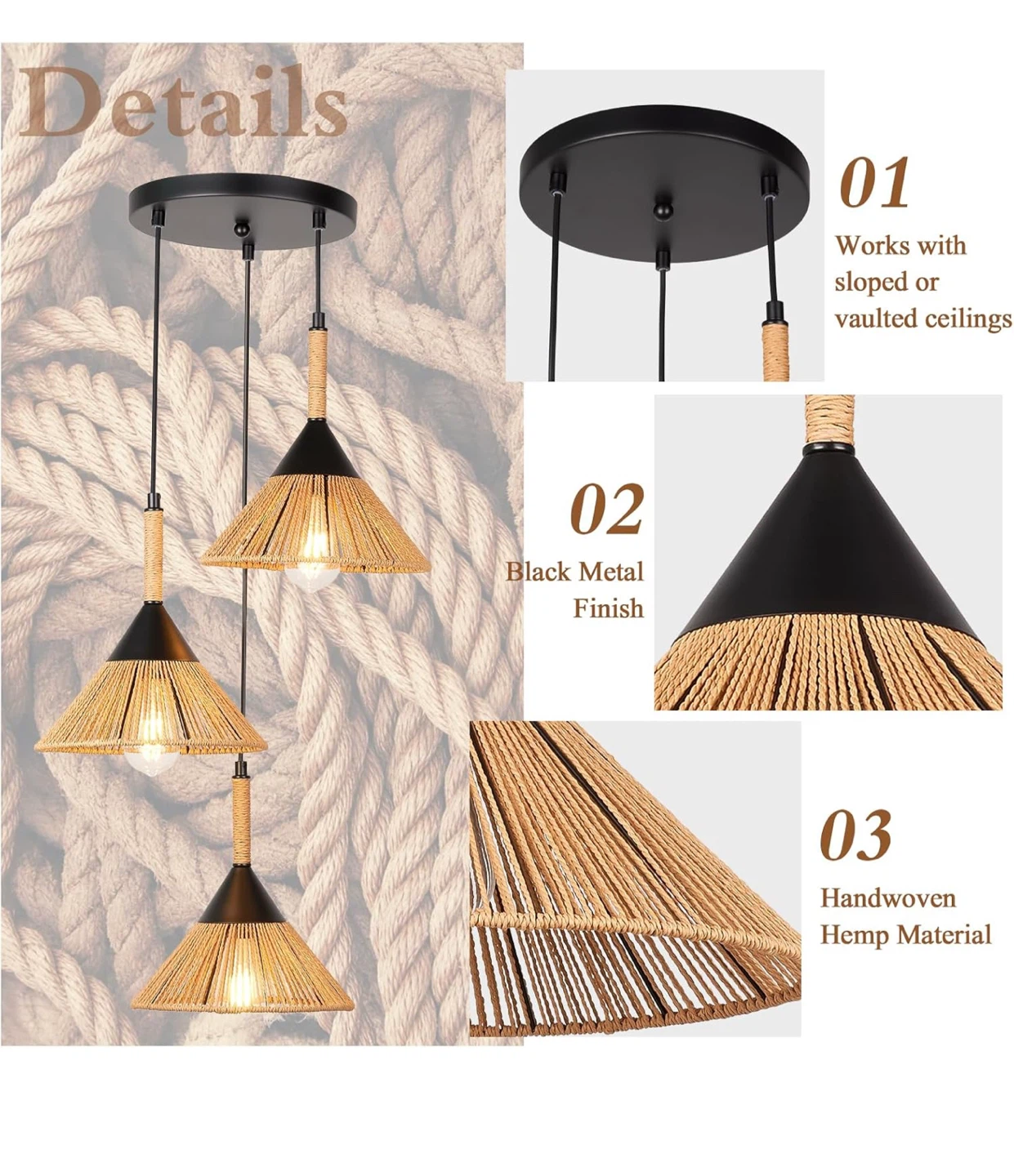 Darkaway Rattan Pendant Light - Boho 3-Light Fixture - photo 3