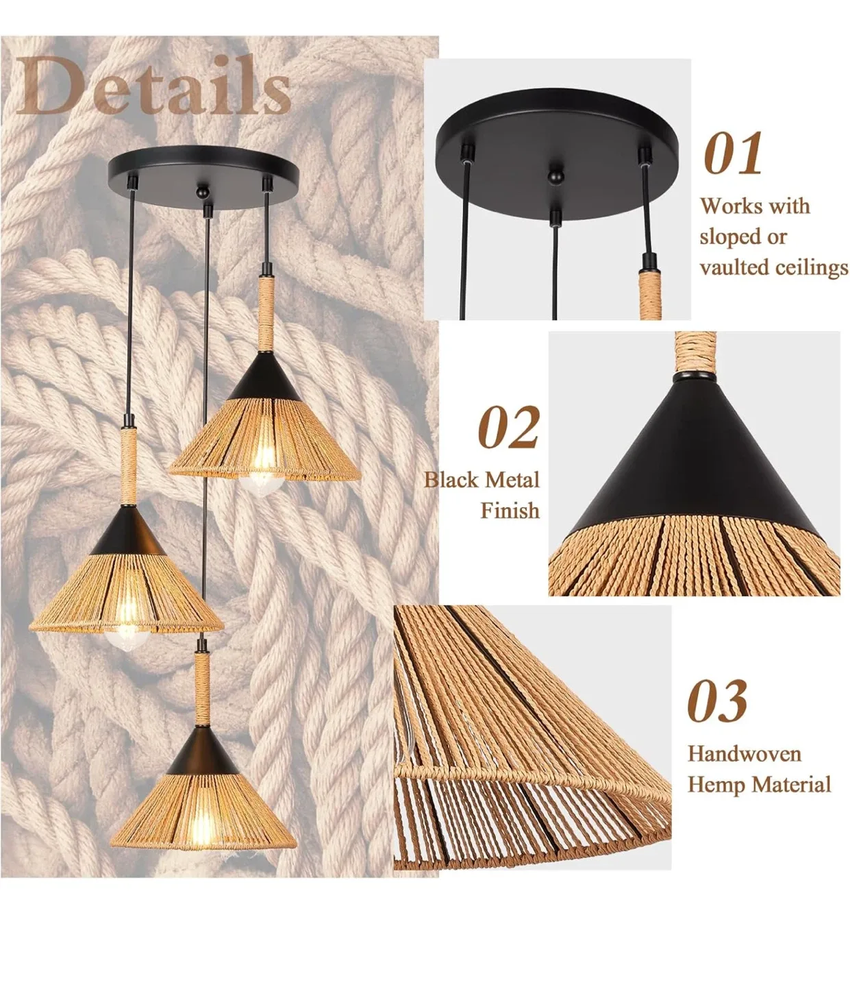 Darkaway Rattan Pendant Light - Boho 3-Light Fixture image indicator(3)