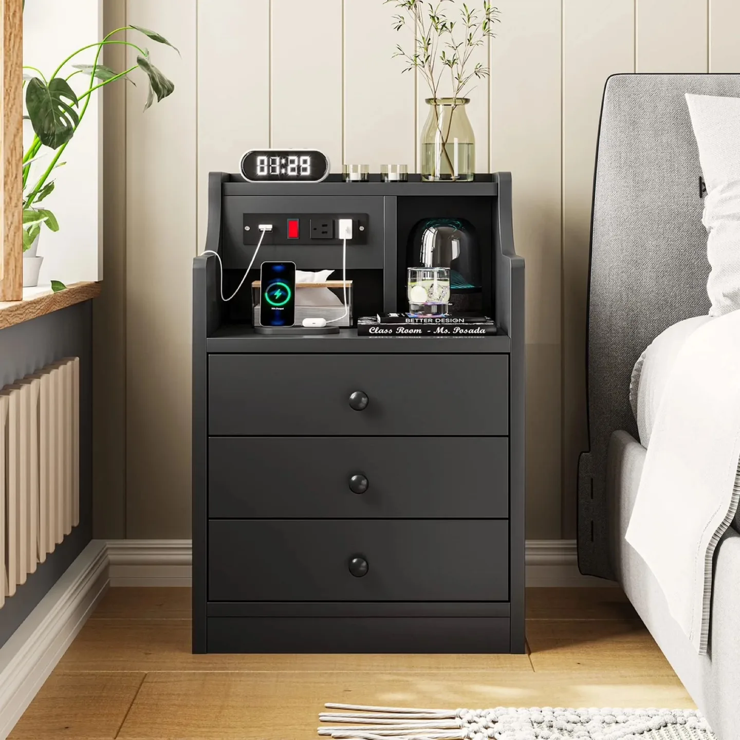 Black Nightstand with Charging Station thumbnail