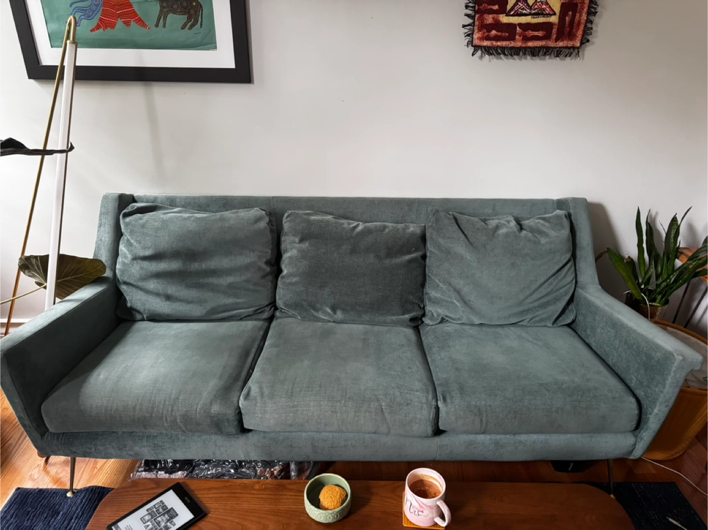 West Elm Blue Green Velvet MCM Sofa - Great Condition! - photo 5