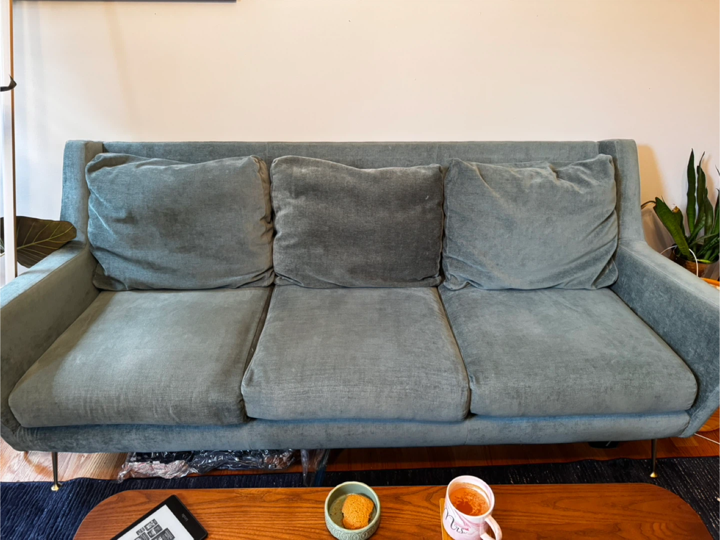 West Elm Blue Green Velvet MCM Sofa - Great Condition! - photo 4