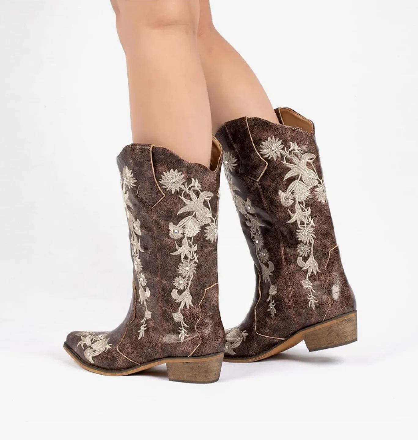 Brown Floral Embroidered Cowboy Boots - Size 8 image indicator(5)