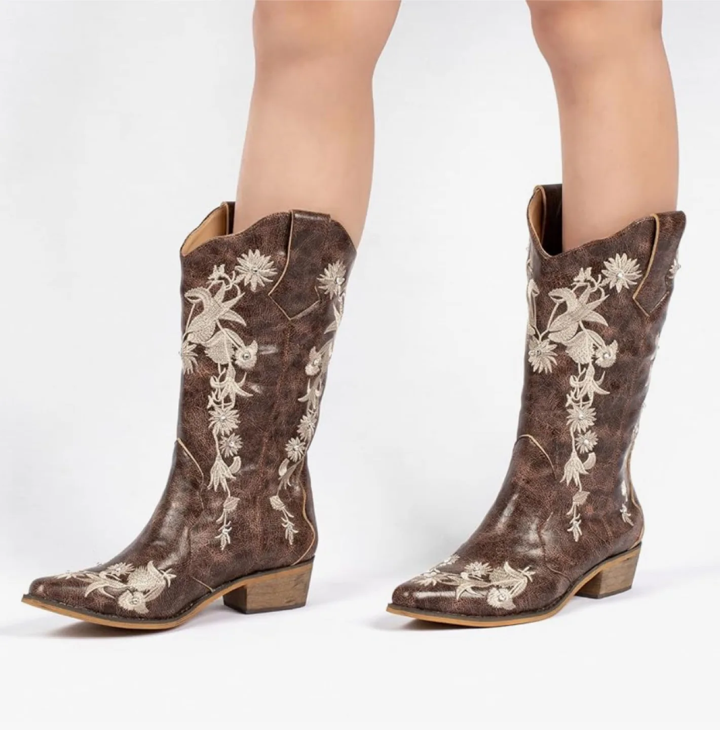 Brown Floral Embroidered Cowboy Boots - Size 8 image indicator(4)
