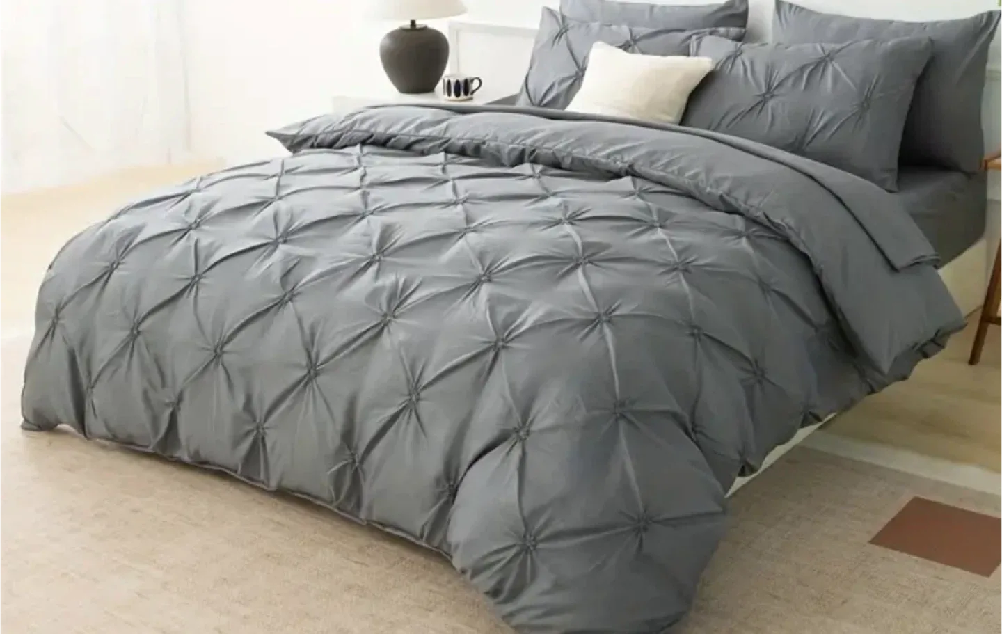 Queen size Pintuck Bedding Set, solid white, light grey, grey image indicator(3)