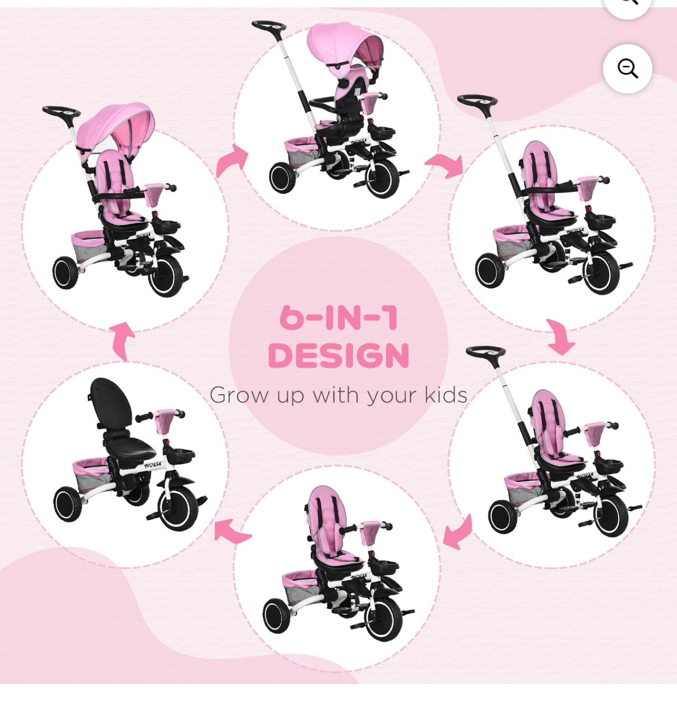 Pink 6-in-1 Tricycle for baby and toddlers - photo 2