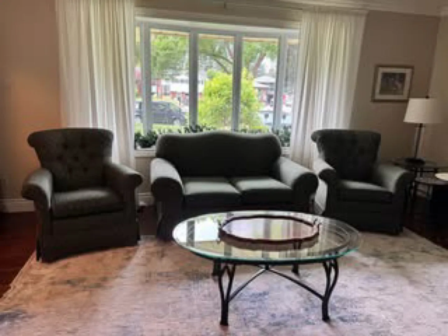 Loveseat and 3 Armchair Set - Green Patterned Fabric thumbnail