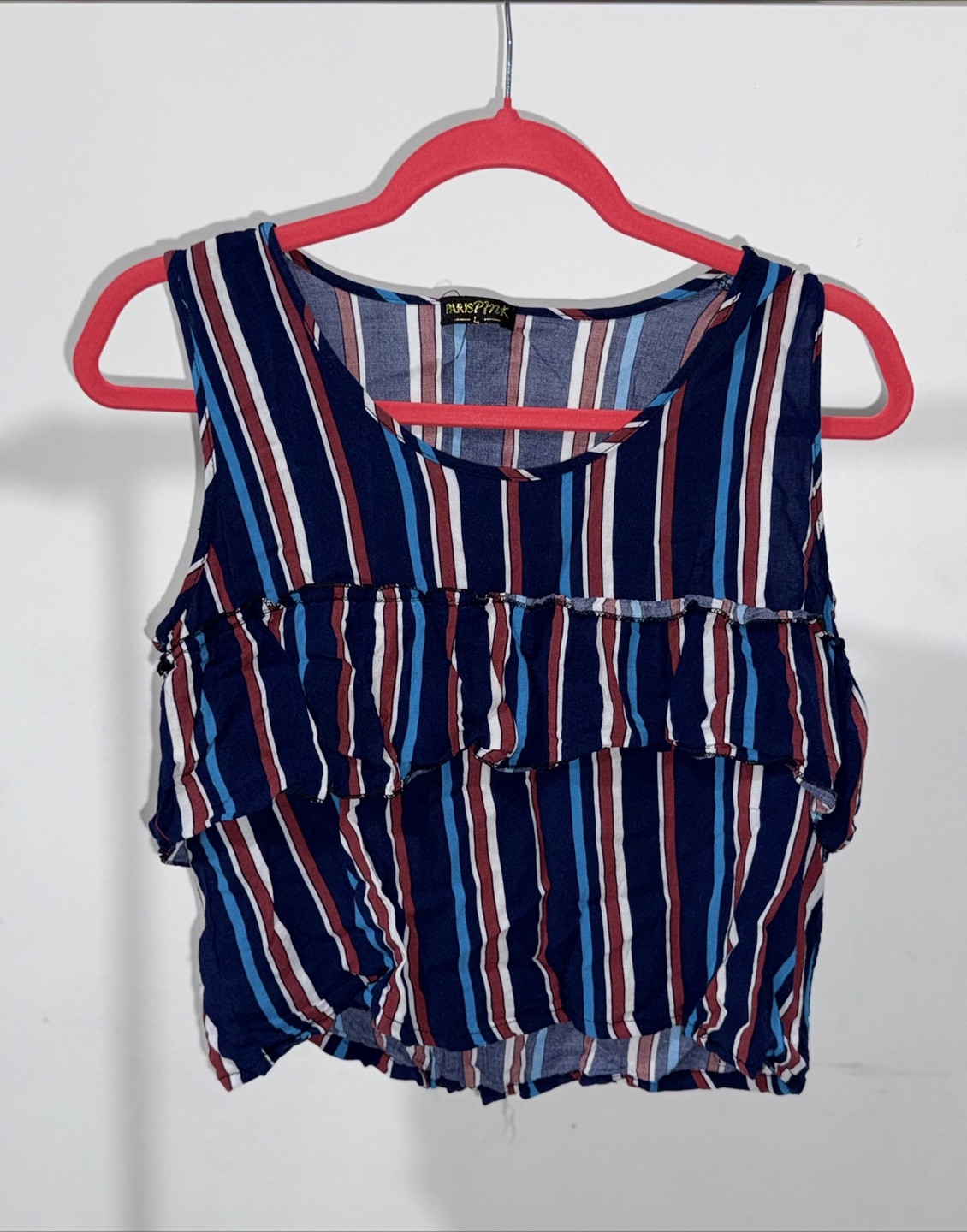 Paris Pink Striped Ruffle Tank Top - Size L