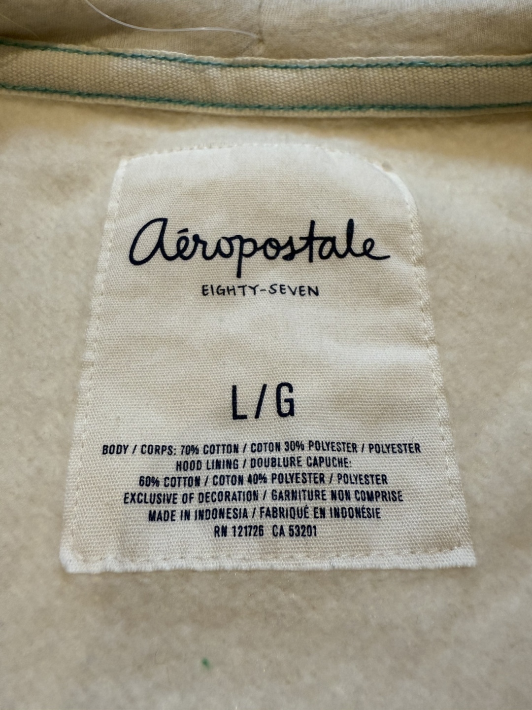 Aeropostale Cream Full Zip Hoodie - Size Large - photo 5