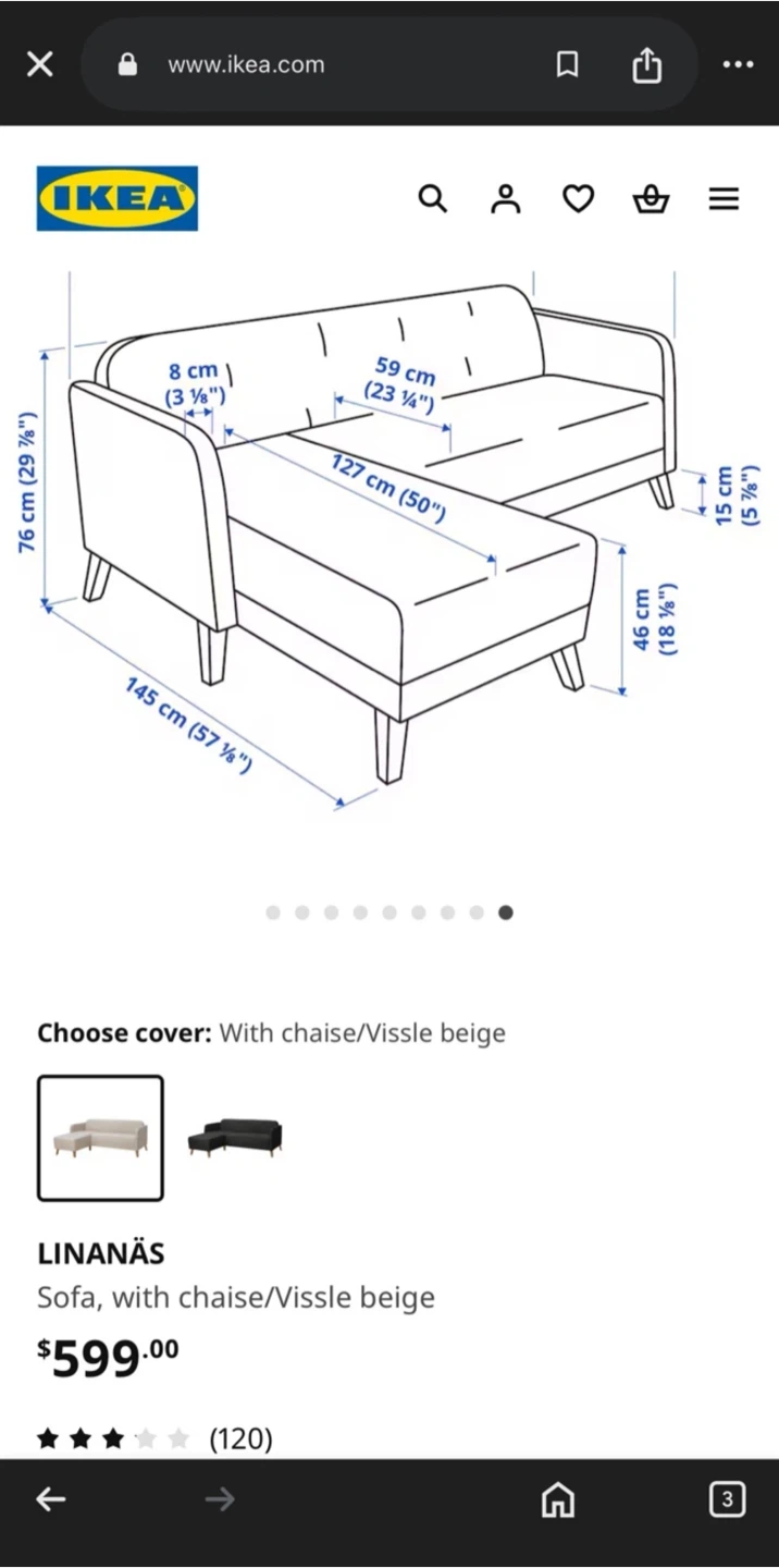 IKEA LINANÄS Sofa with Chaise - Vissle Beige - photo 3