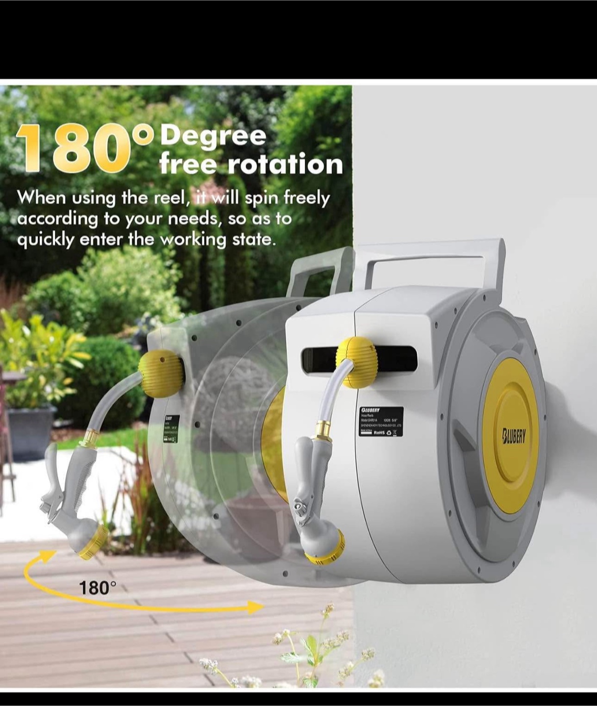 BLUBERY 130+6.7ft x 1/2" Retractable Garden Hose Reel - photo 4