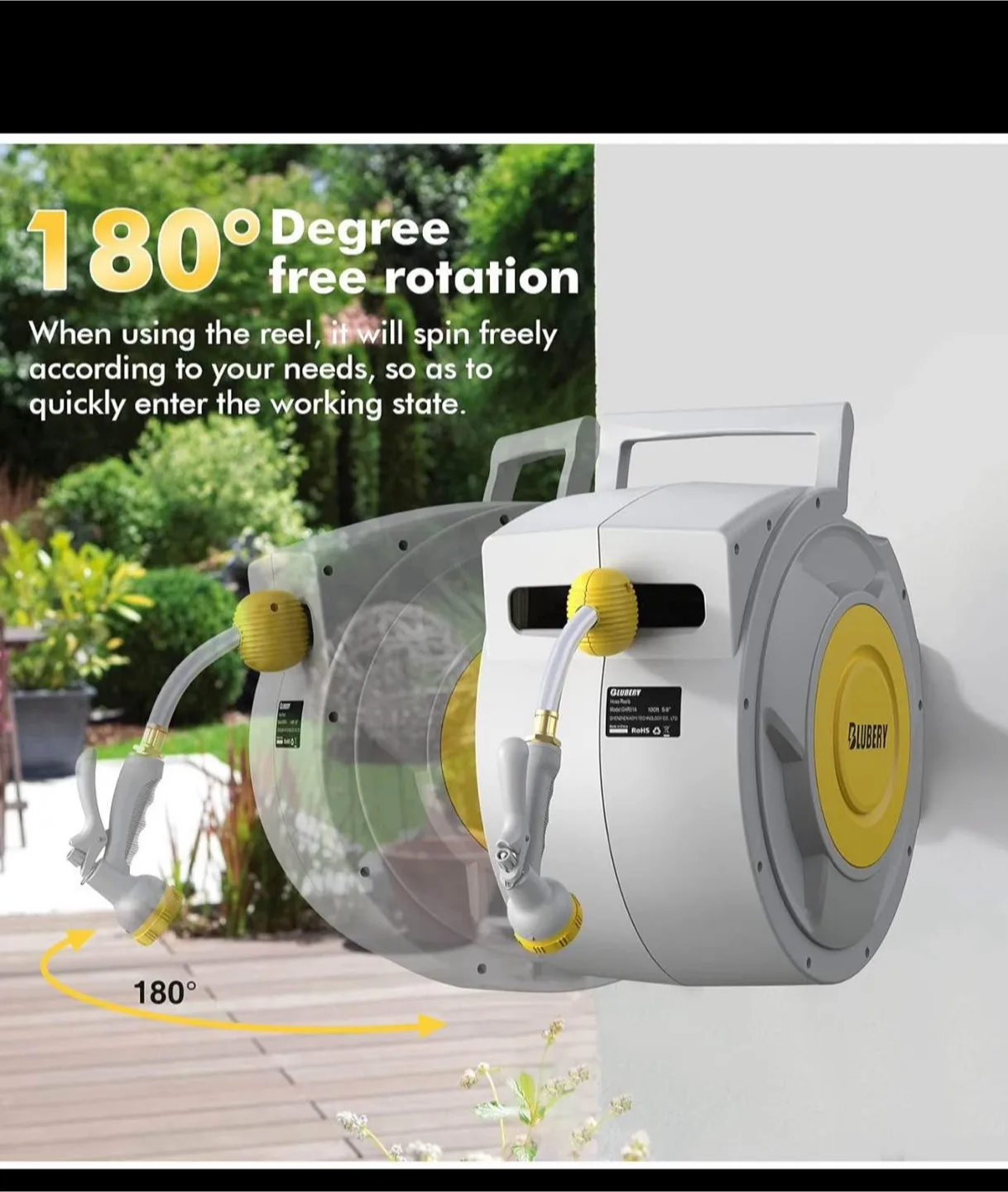 BLUBERY 130+6.7ft x 1/2" Retractable Garden Hose Reel image indicator(4)