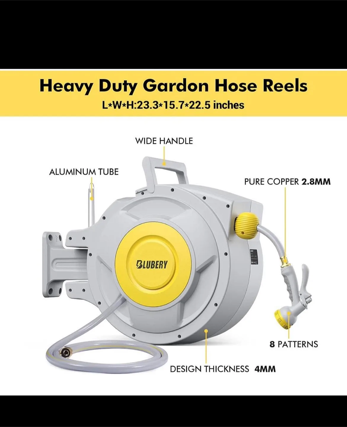 BLUBERY 130+6.7ft x 1/2" Retractable Garden Hose Reel image indicator(2)