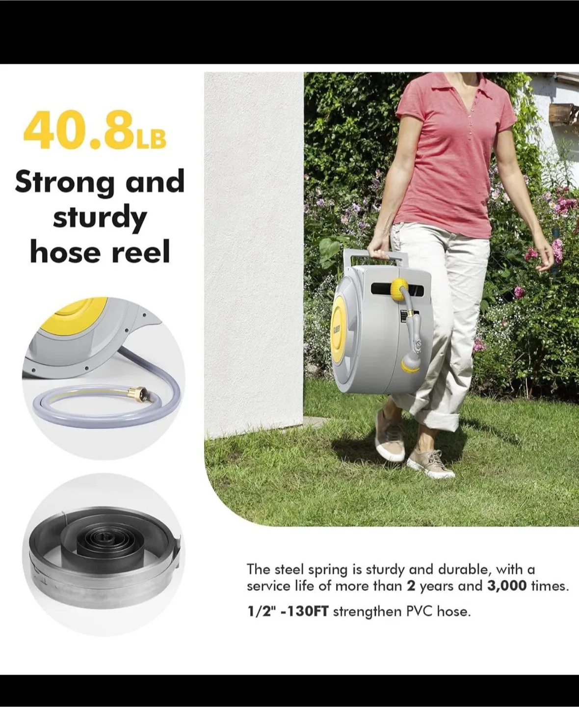 BLUBERY 130+6.7ft x 1/2" Retractable Garden Hose Reel image indicator(5)