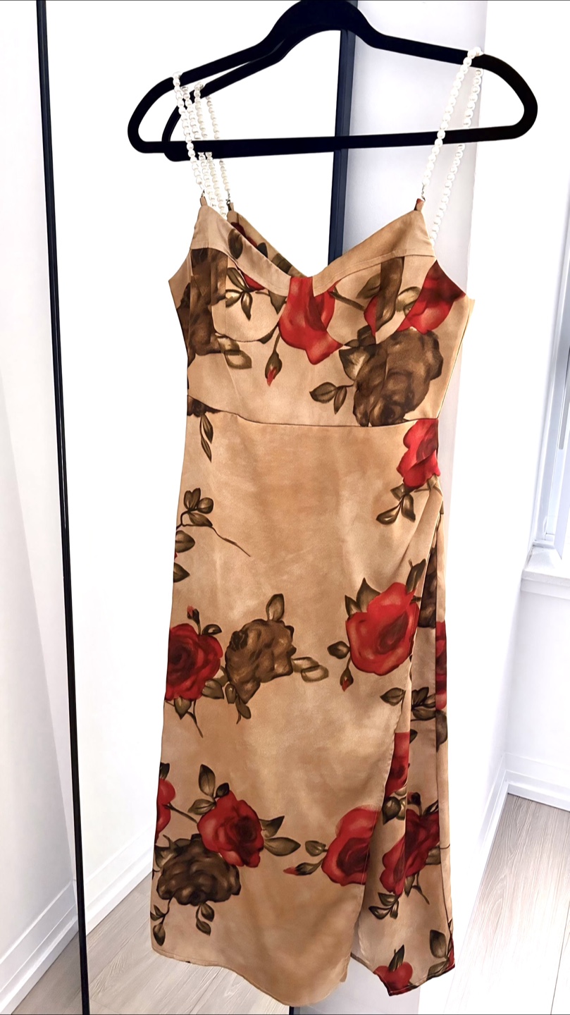 Floral Print Dress with Pearl Straps