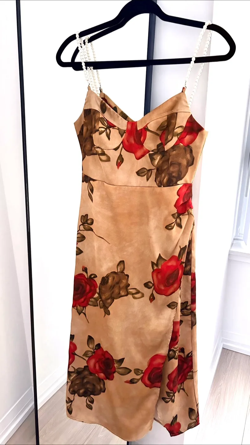Floral Print Dress with Pearl Straps