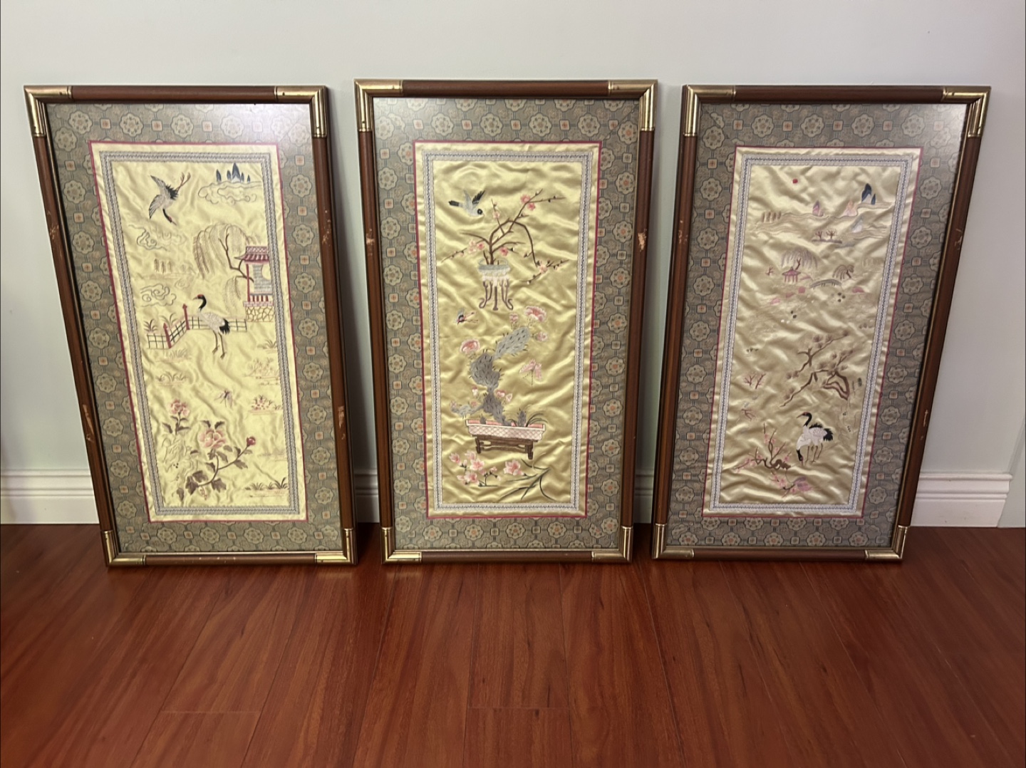 Set of 3 Vintage Framed Silk Embroidered Wall Art