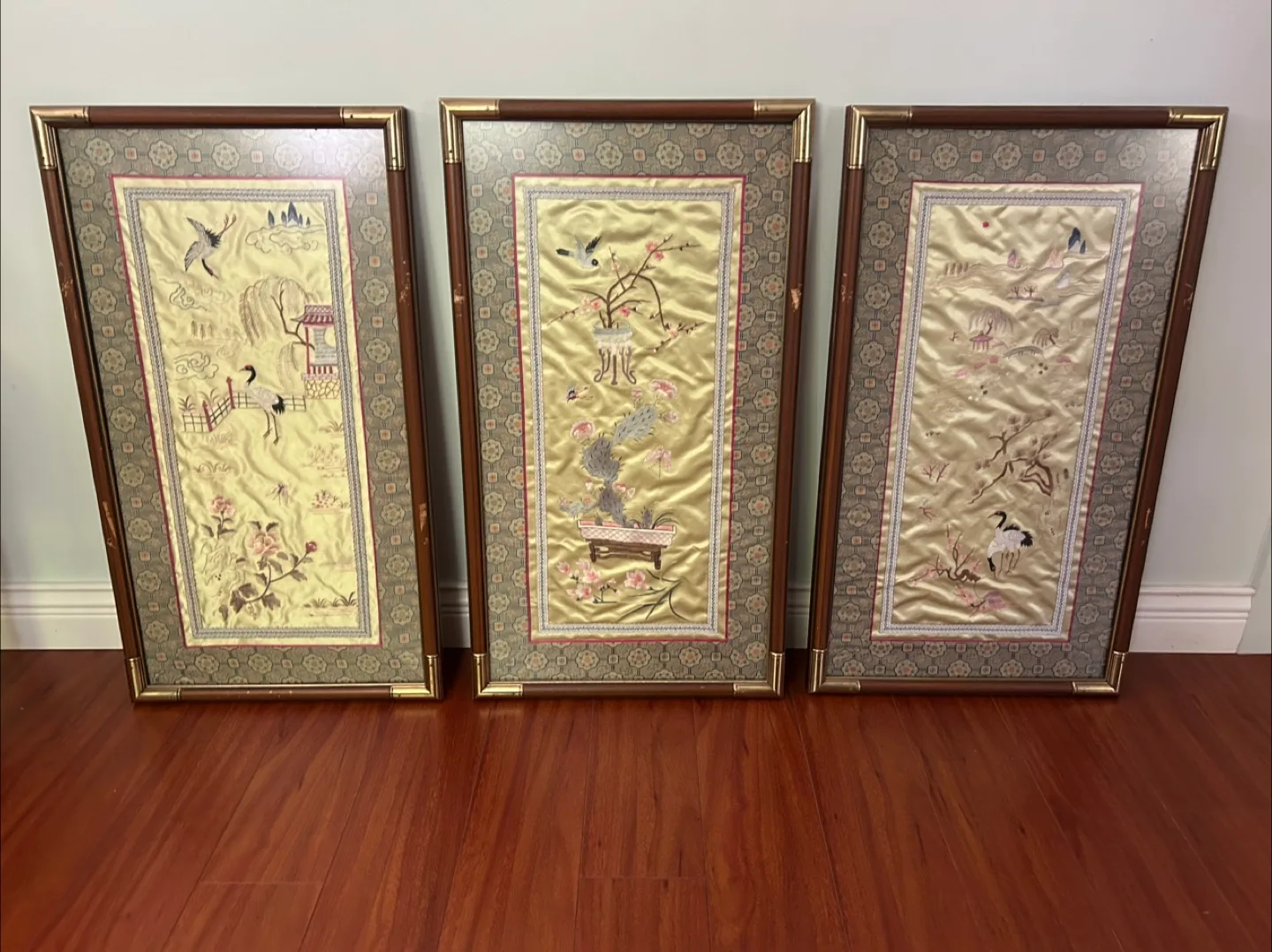 Set of 3 Vintage Framed Silk Embroidered Wall Art thumbnail