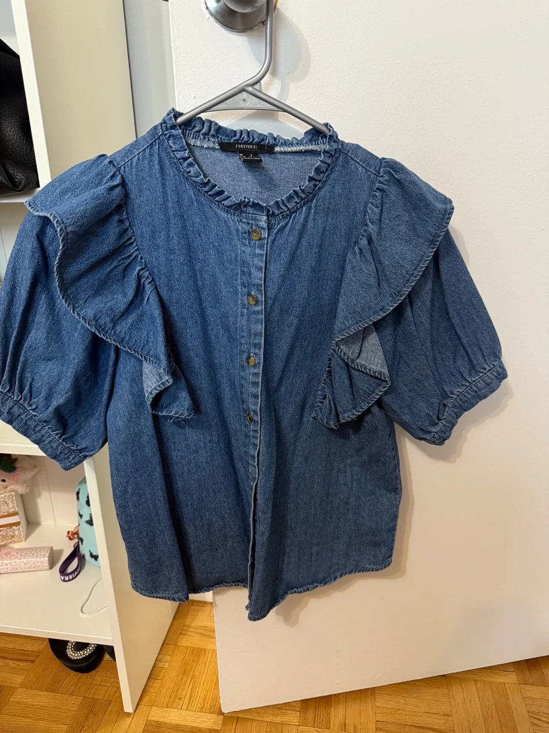Forever 21 Denim Ruffle Blouse - Size S thumbnail