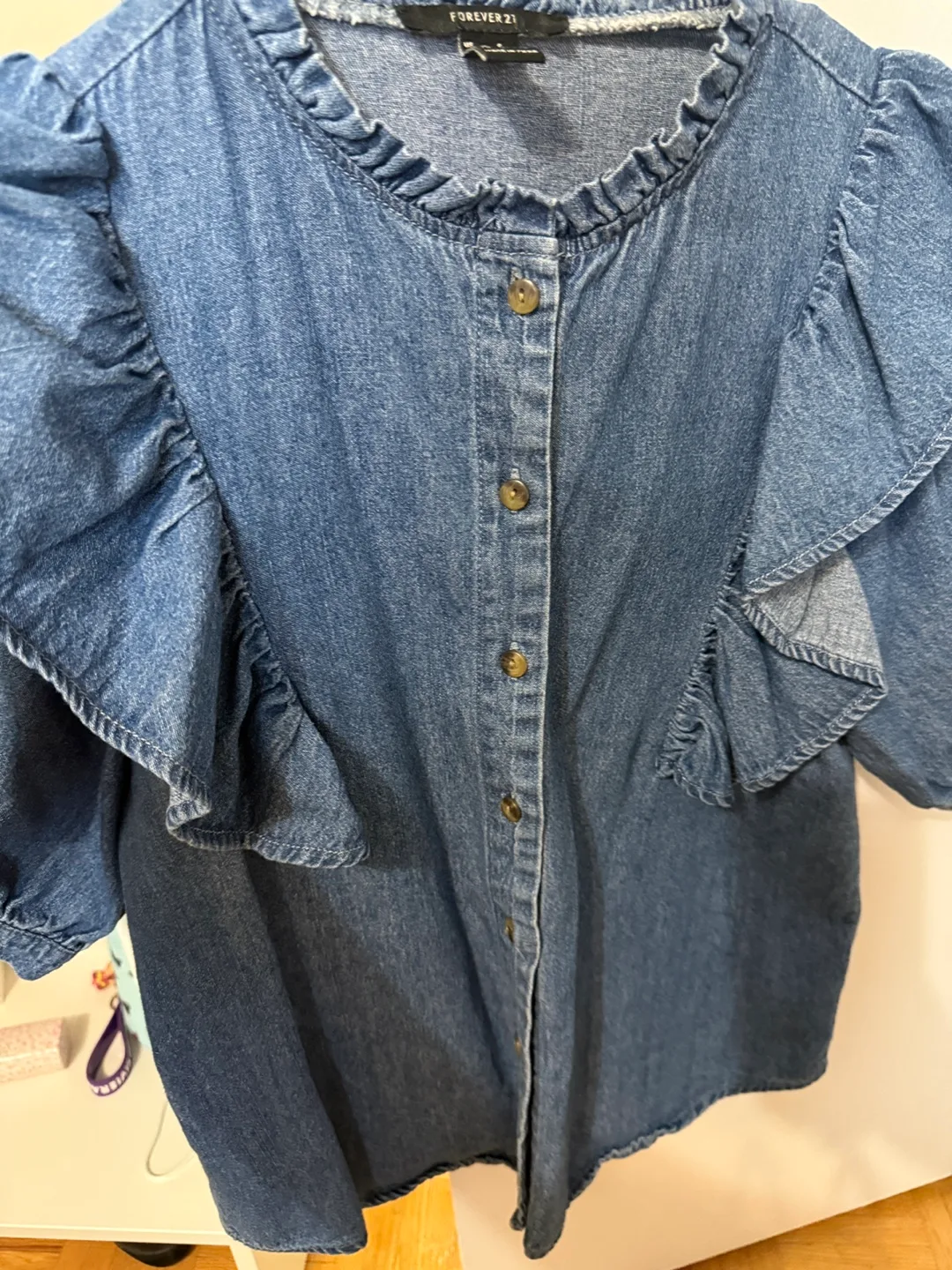 Forever 21 Denim Ruffle Blouse - Size S image indicator(2)
