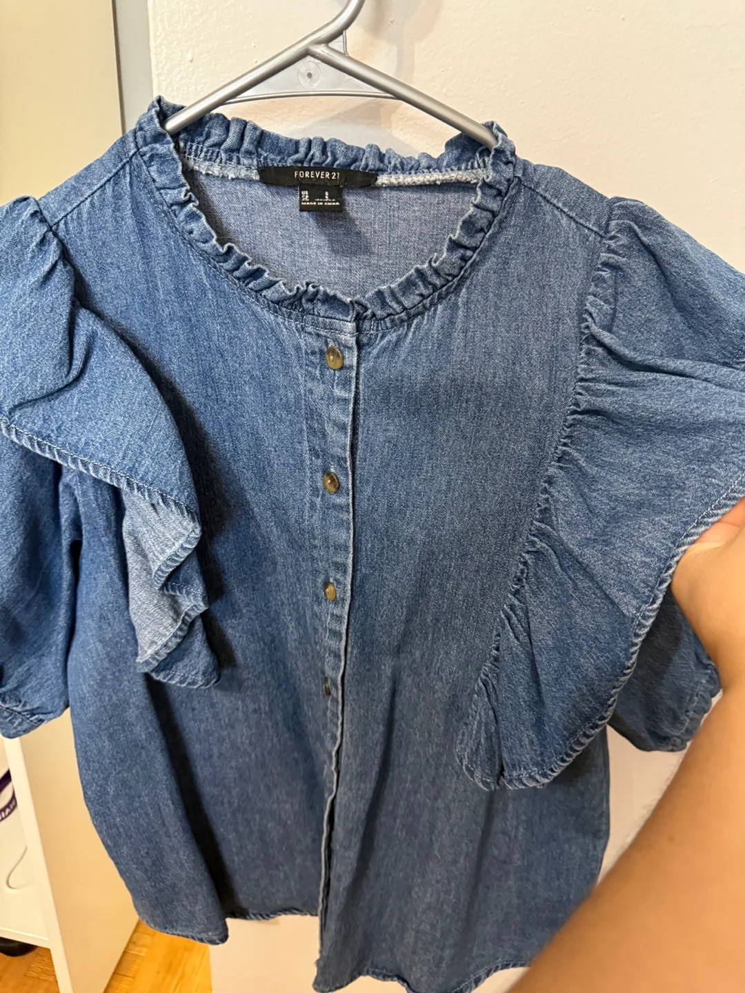 Forever 21 Denim Ruffle Blouse - Size S image indicator(3)