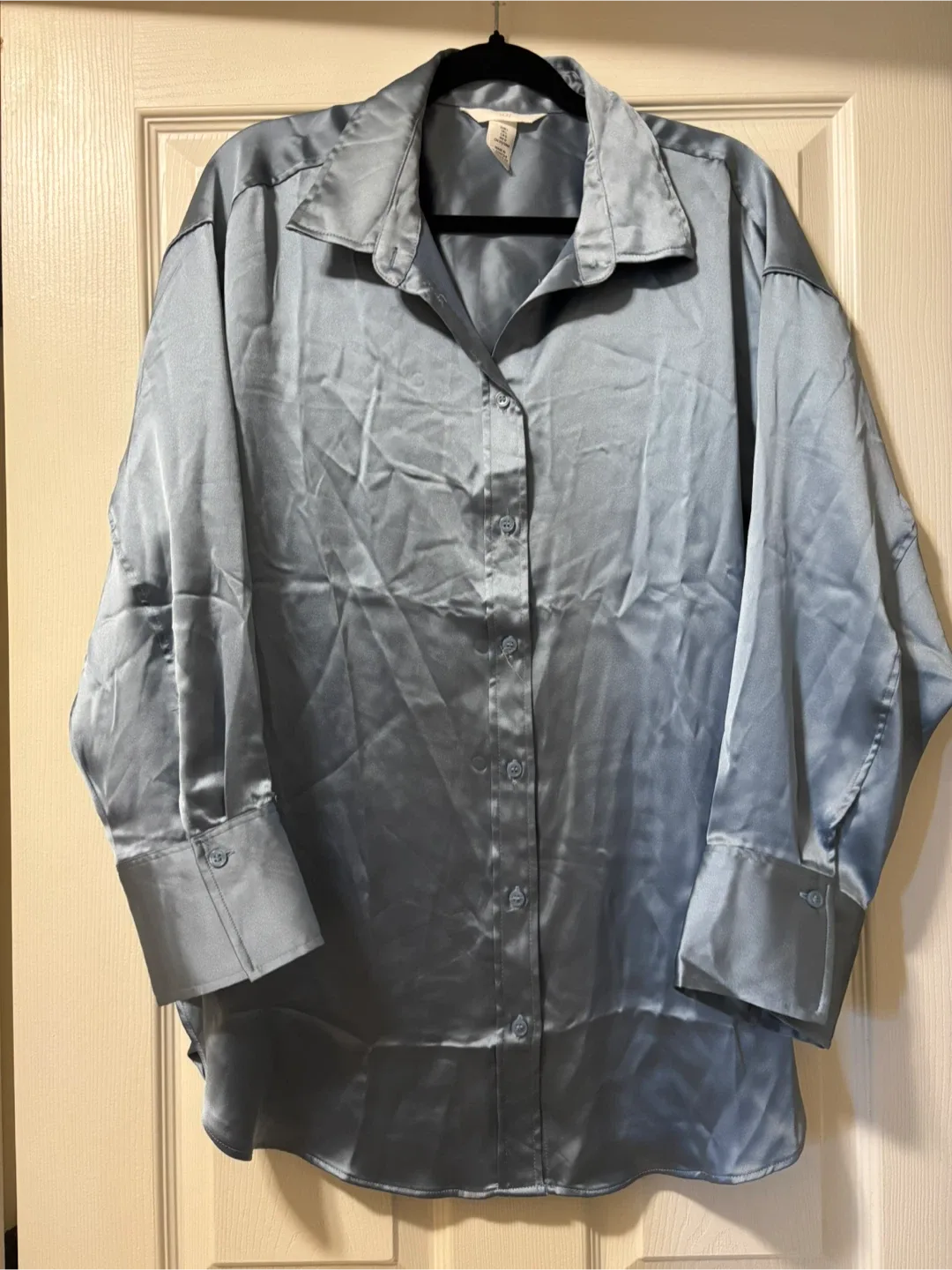 H&M Blue Satin Oversized Shirt - Size L thumbnail