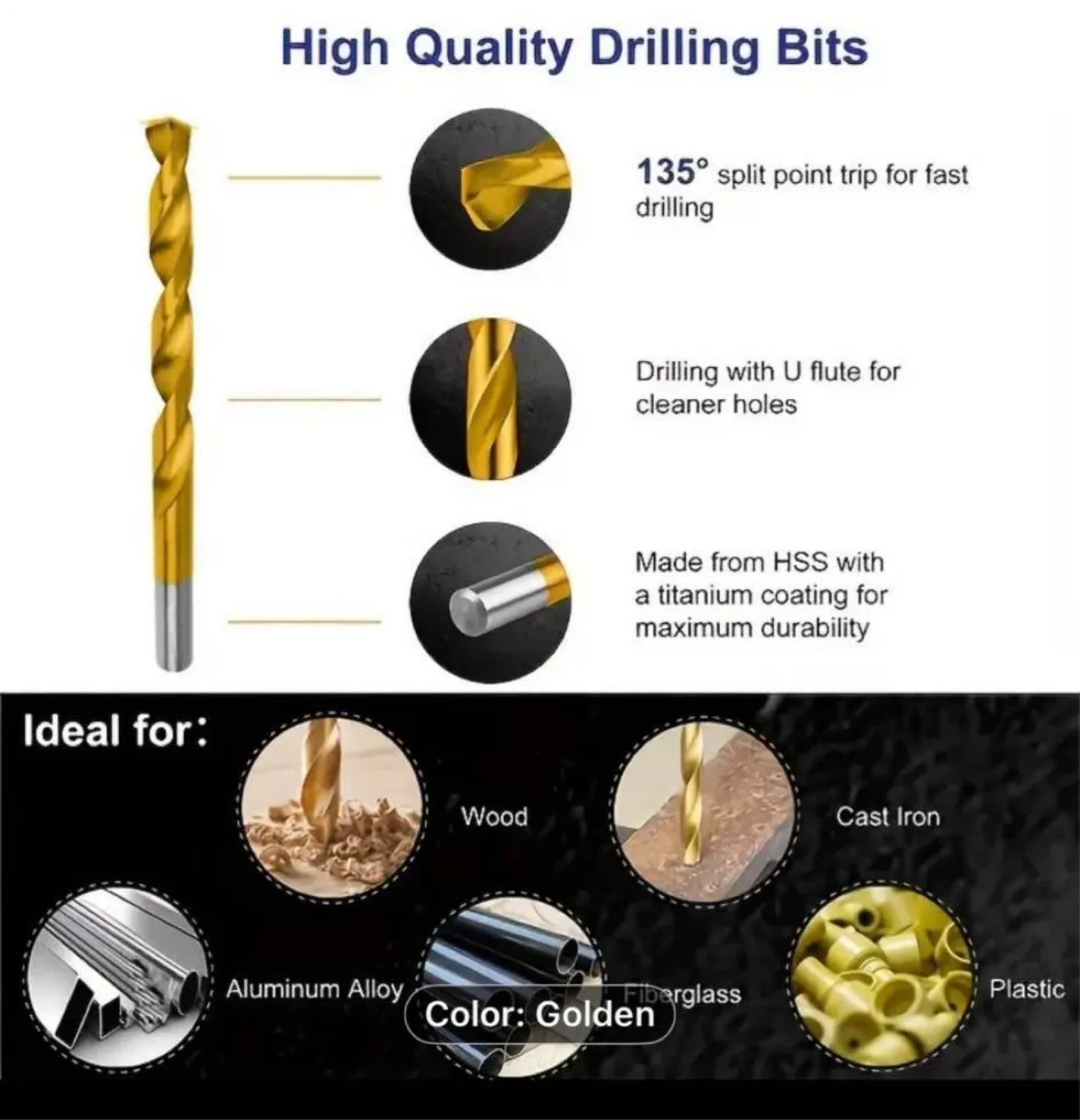 50pcs Titanium Coated High-Speed Steel Drill Bits image indicator(4)