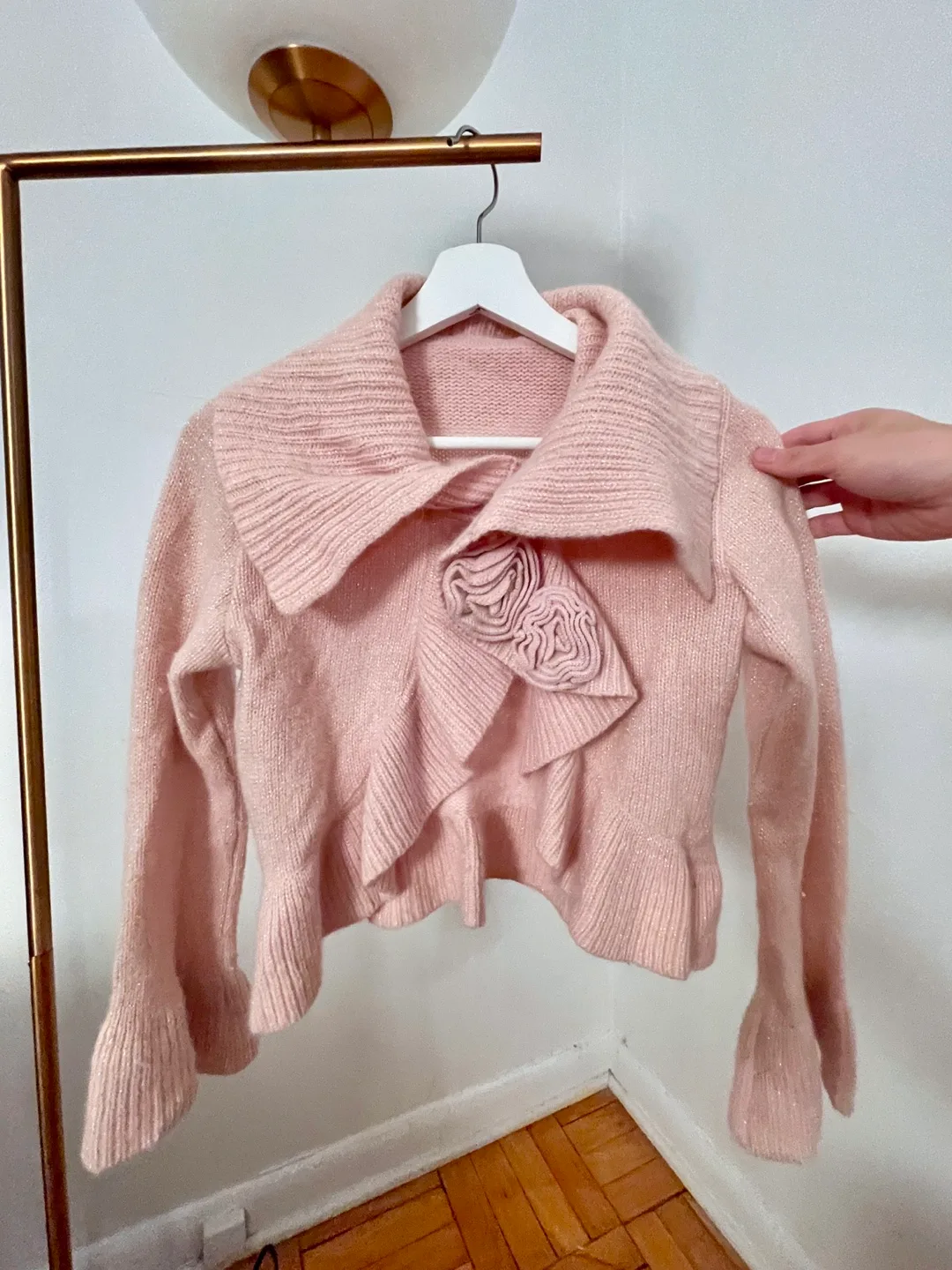Pink Knit Cardigan with Ruffle Detail thumbnail