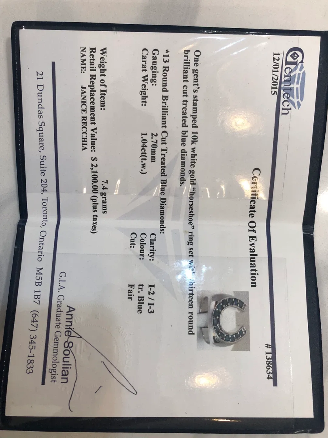 14k white gold blue diamonds Horseshoe Ring image indicator(3)