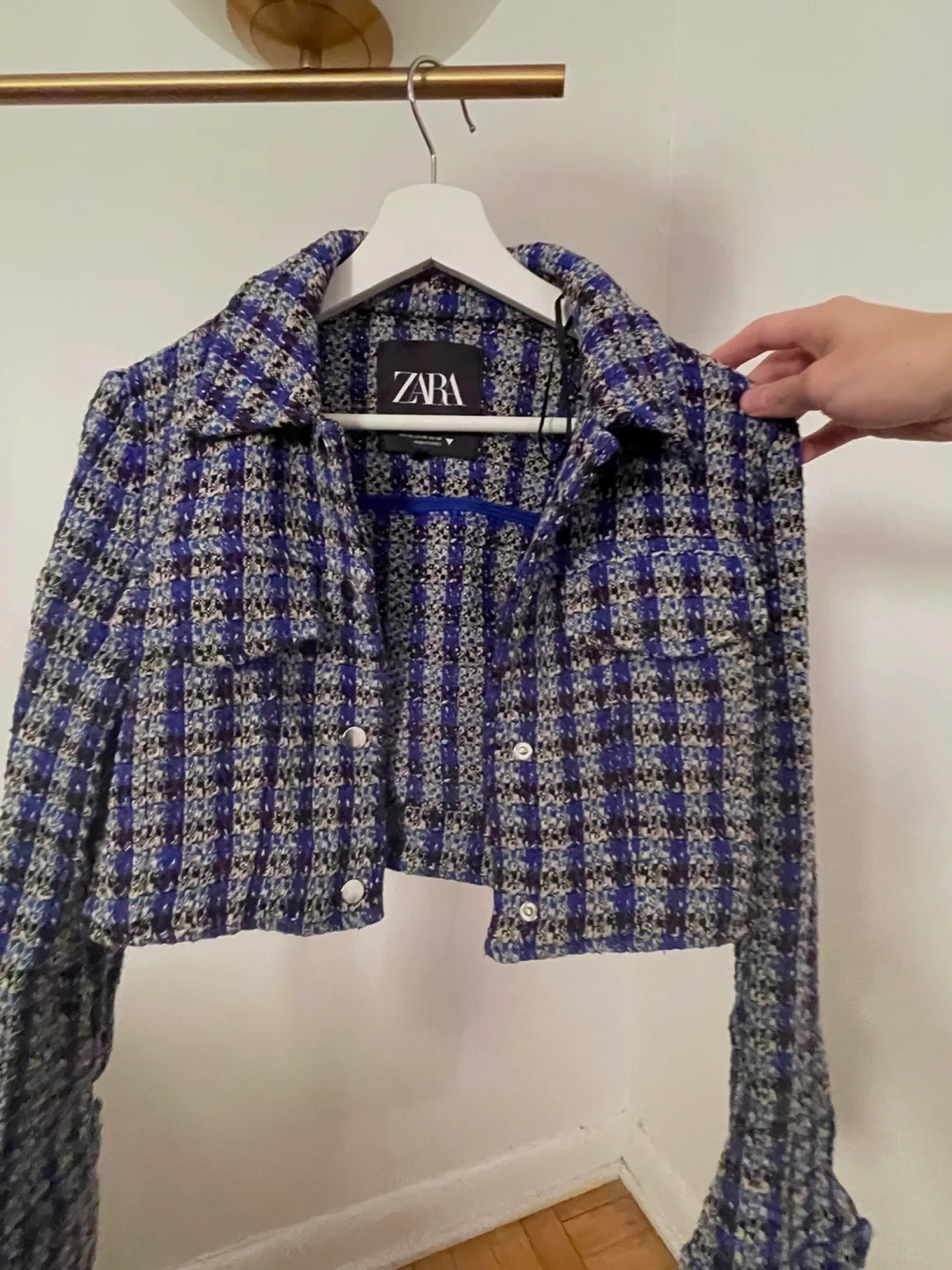 Zara Blue Tweed Cropped Jacket - Size S thumbnail