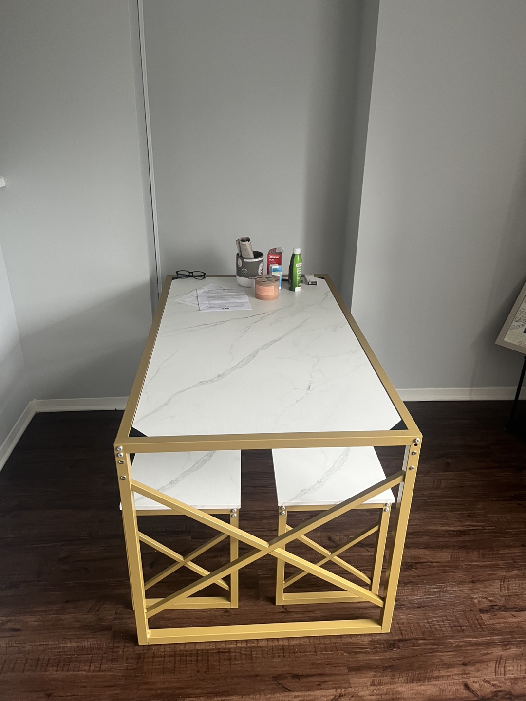 Gold & White Faux Marble Dining Table Set - photo 2