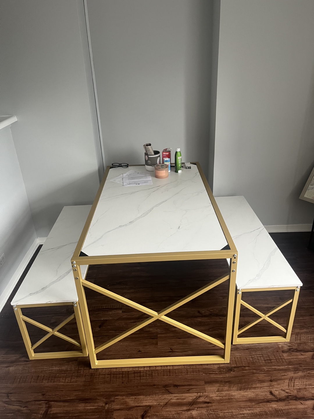 Gold & White Faux Marble Dining Table Set