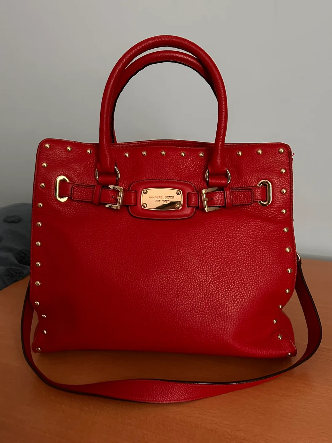 Michael Kors Red Leather Studded Satchel thumbnail