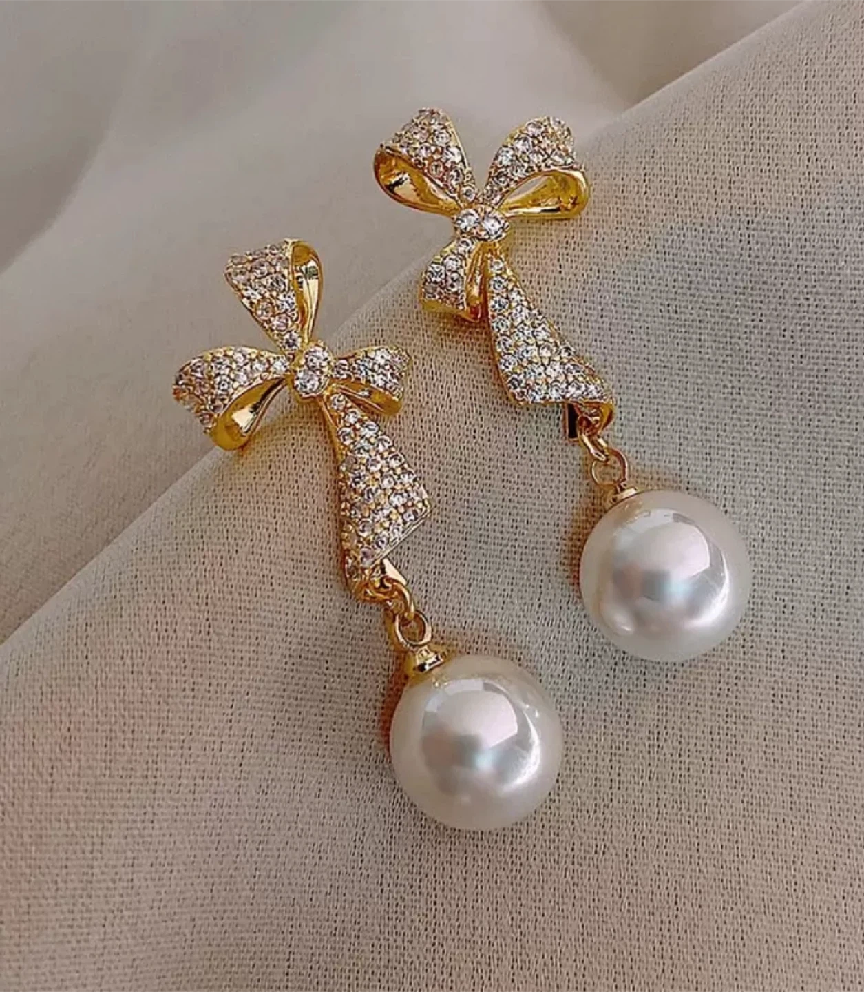 Bowknot Pearl Drop Earrings - Gold