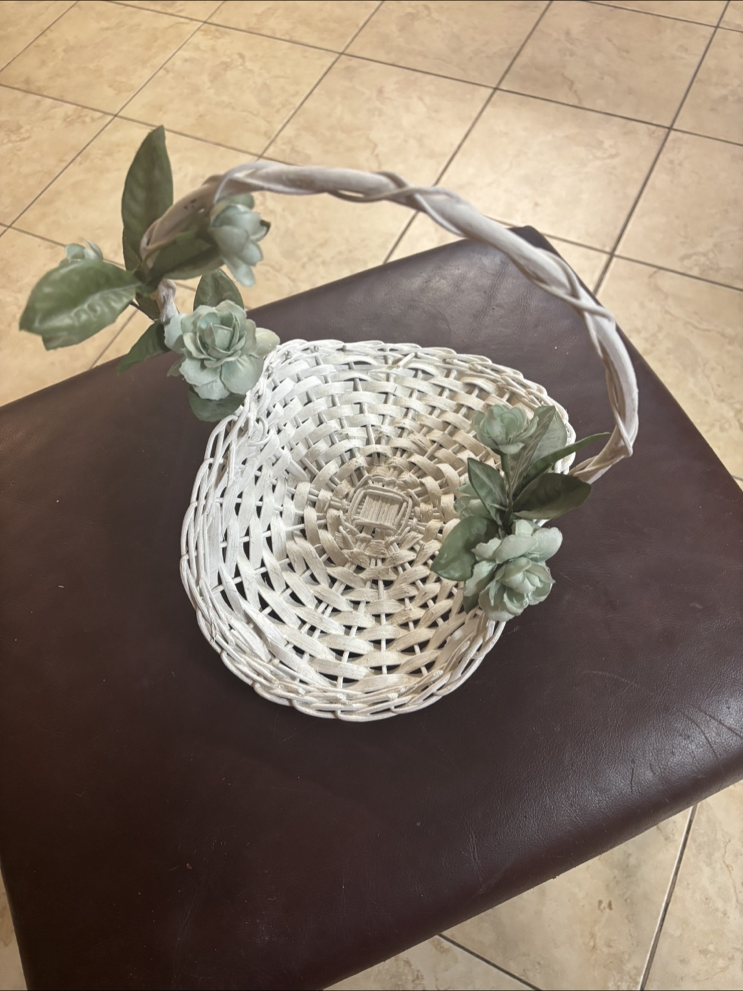 VINTAGE WHITE WOVEN BASKET WITH GREEN FLORAL ACCENTS