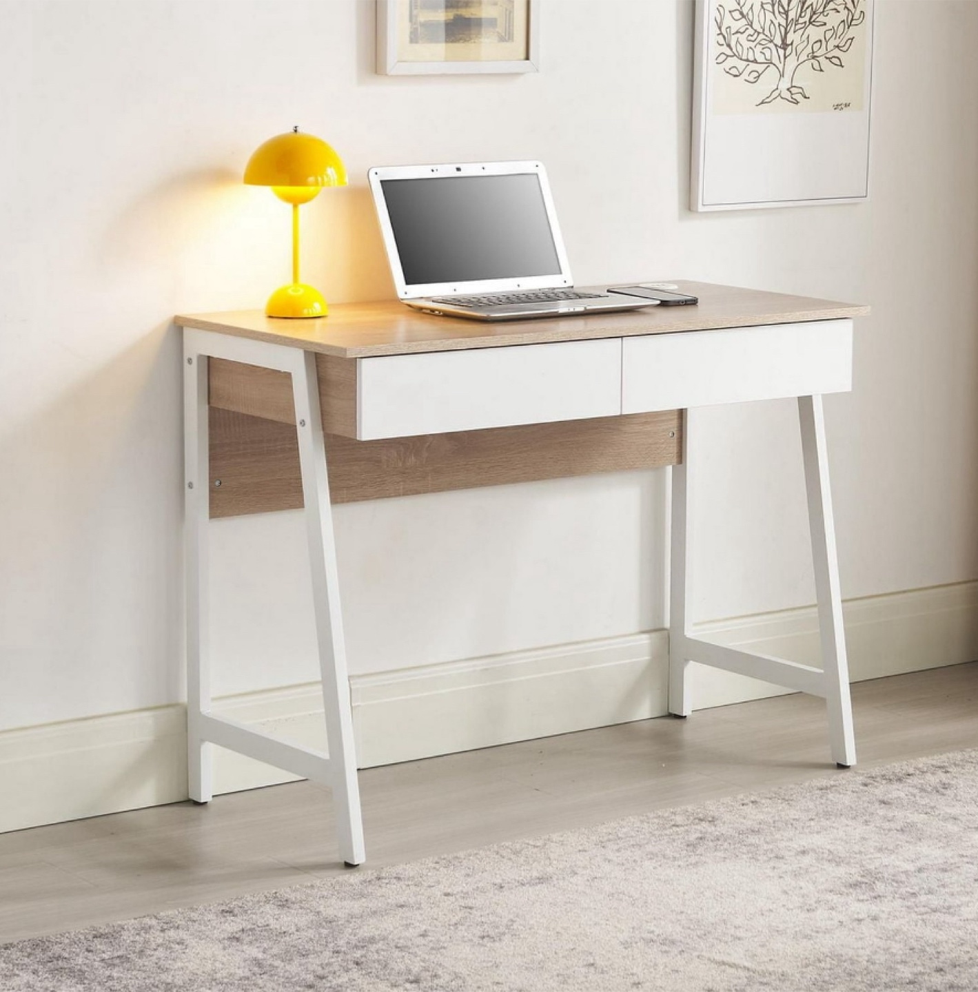 Wood & White Desk with USB Ports