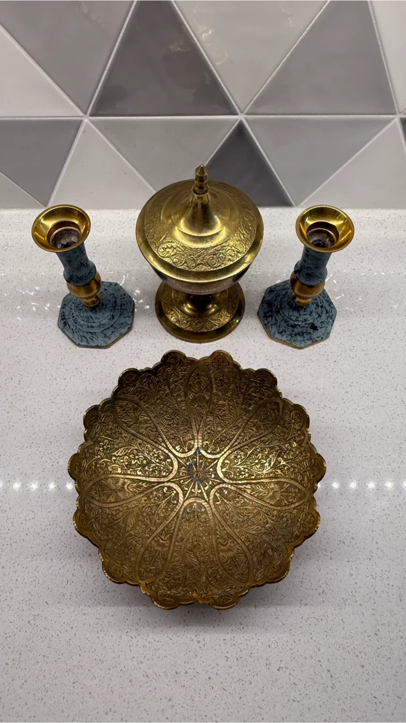 Decorative Brass Bowl, Candlestick Holders, and Lidded Jar