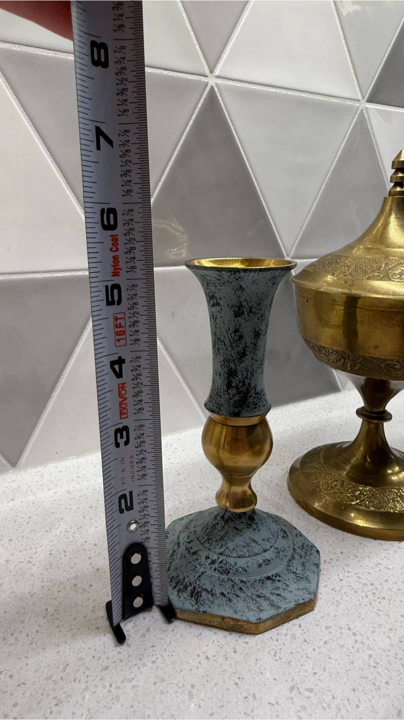 Decorative Brass Bowl, Candlestick Holders, and Lidded Jar - photo 3