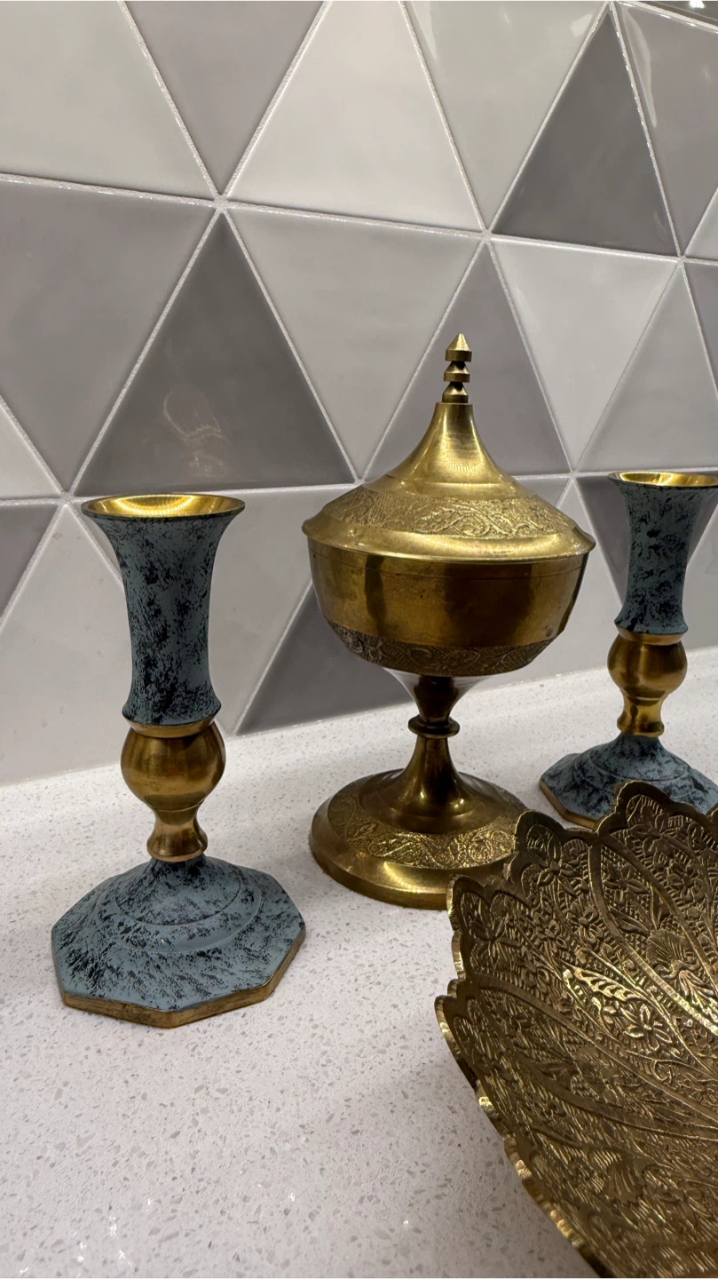 Decorative Brass Bowl, Candlestick Holders, and Lidded Jar - photo 2