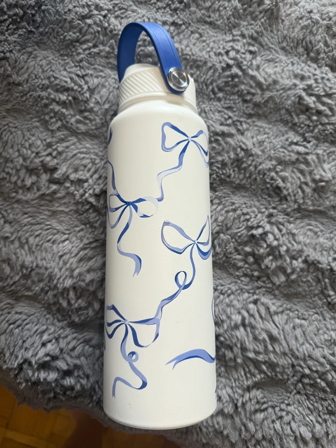 White Water Bottle with Blue Bow Design thumbnail