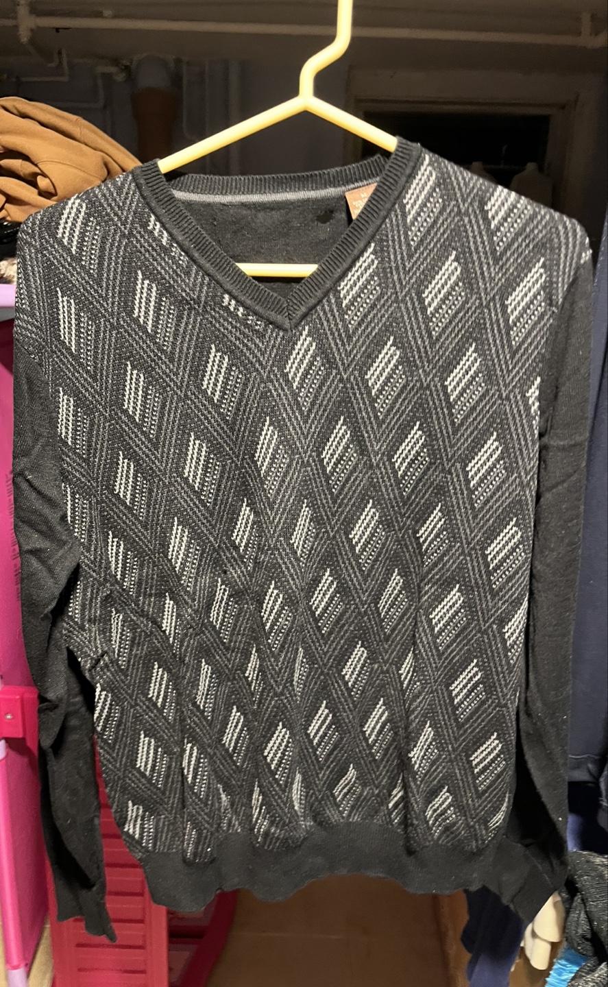 Men's Black Patterned V-Neck Sweater - Size M