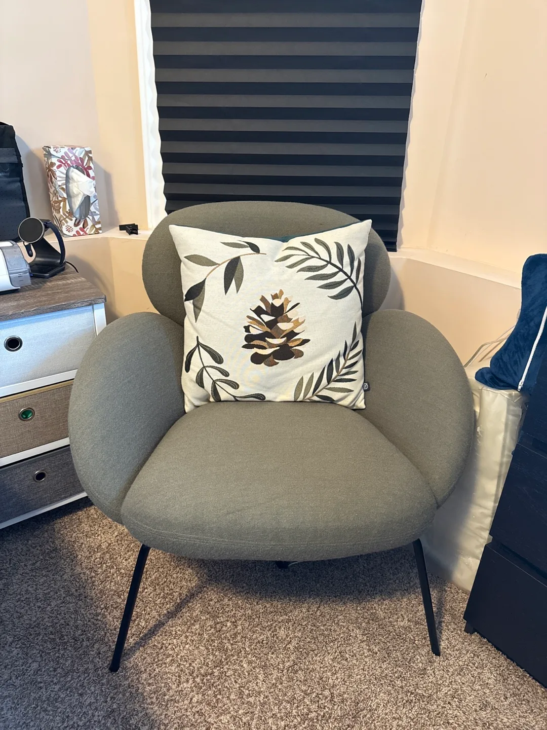 Grey Accent Chair with Pinecone Pillow thumbnail