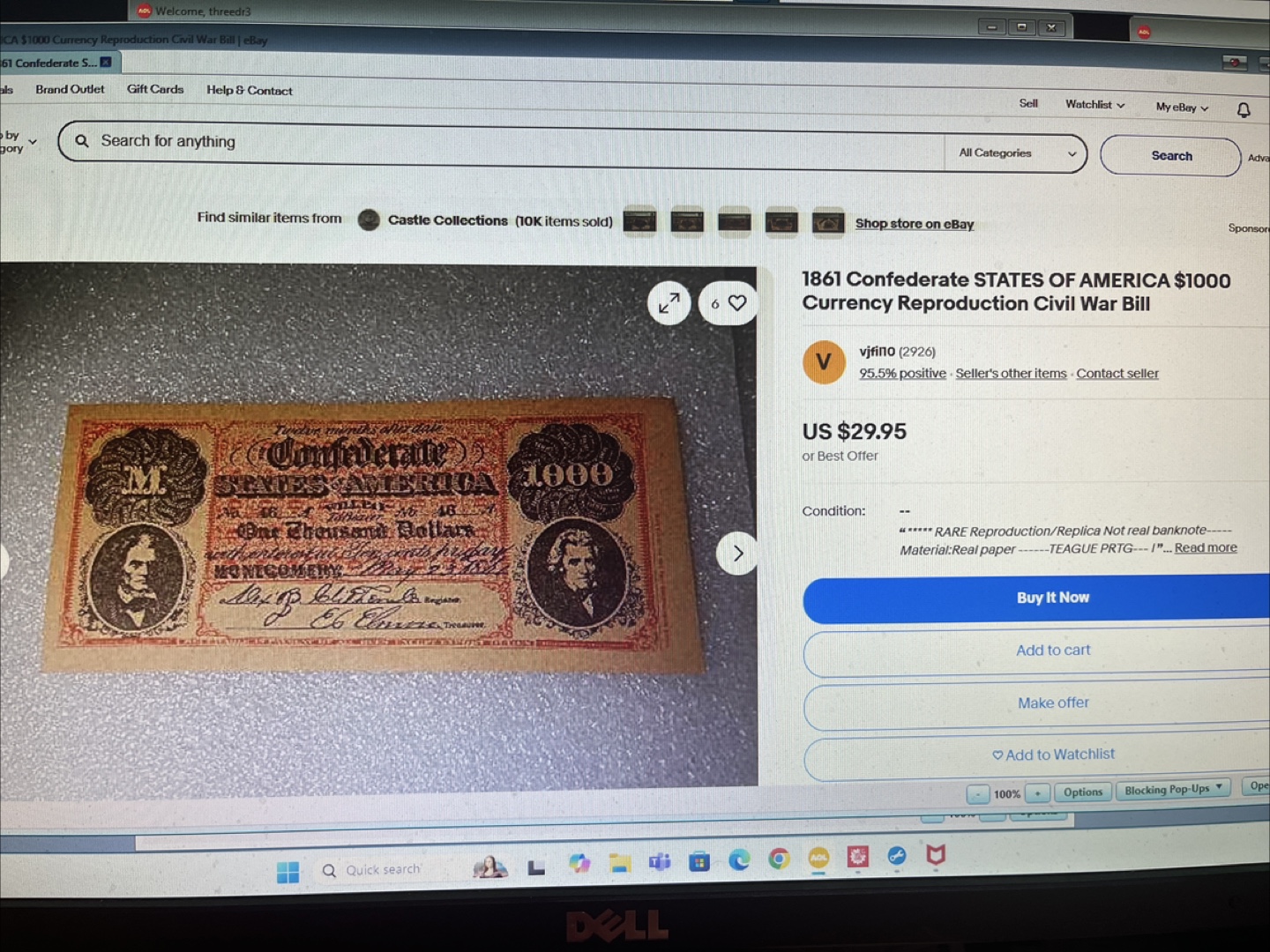 1861 Confederate $1000 bill (Replica) - photo 3