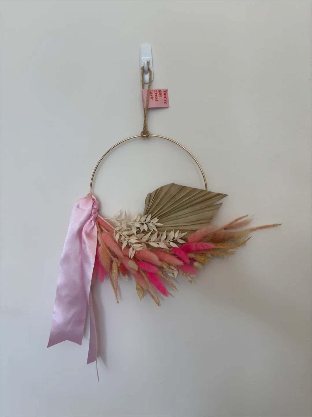 8” Natural Dried Floral Wreath with Pink Bunny Tails & Ribbon thumbnail