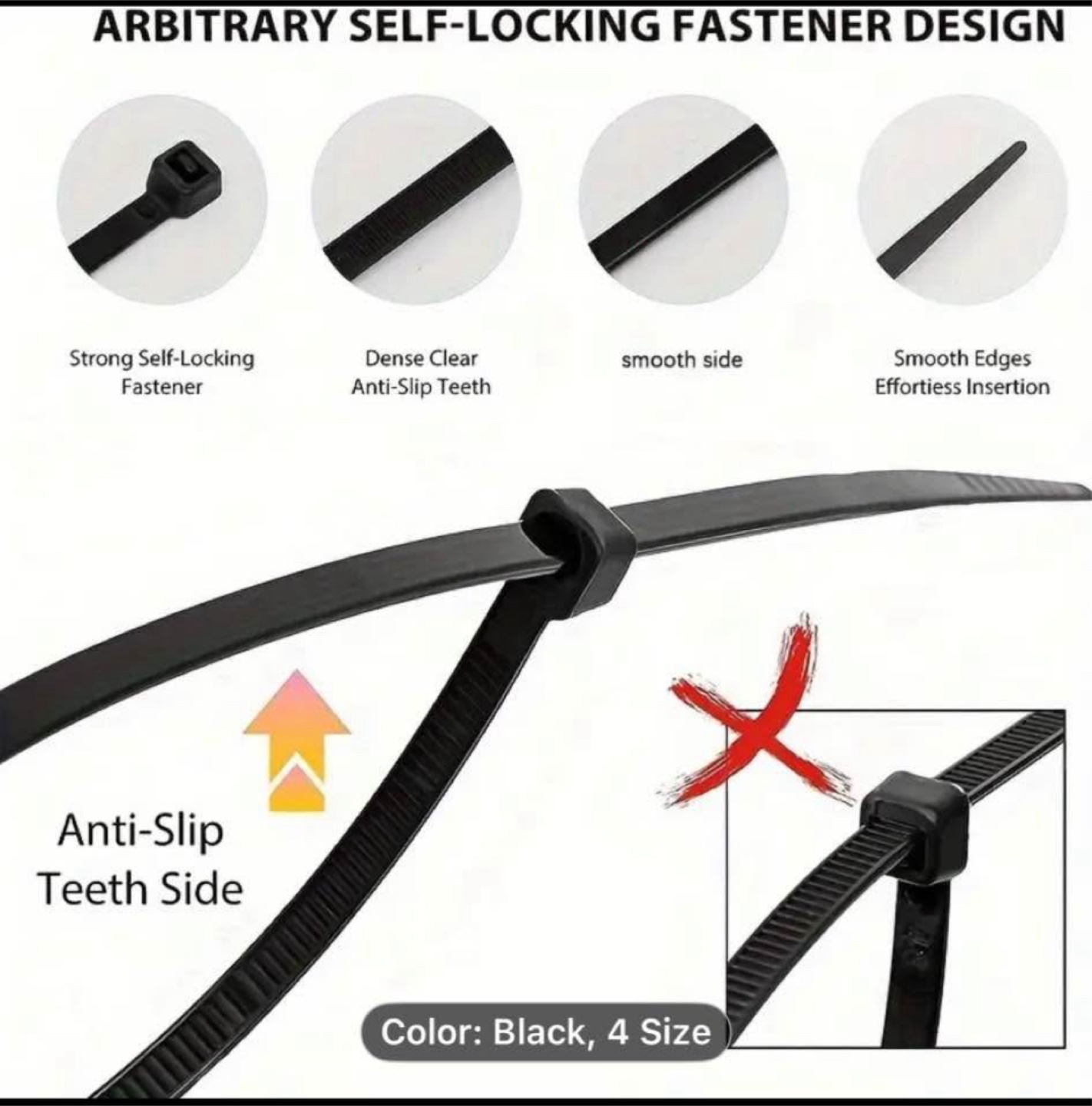 Black Cable Zip Ties - 100pcs, 4 Inch - photo 4