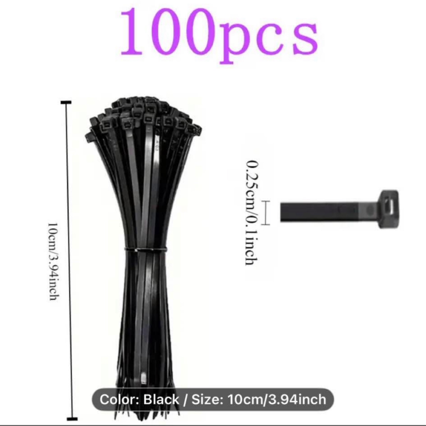 Black Cable Zip Ties - 100pcs, 4 Inch - photo 2