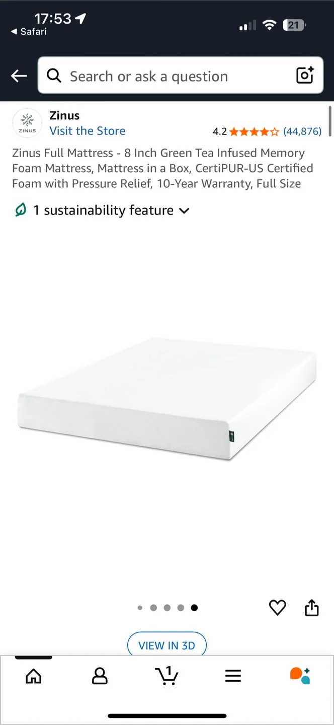 Zinus 8-Inch Green Tea Memory Foam Mattress - Full thumbnail