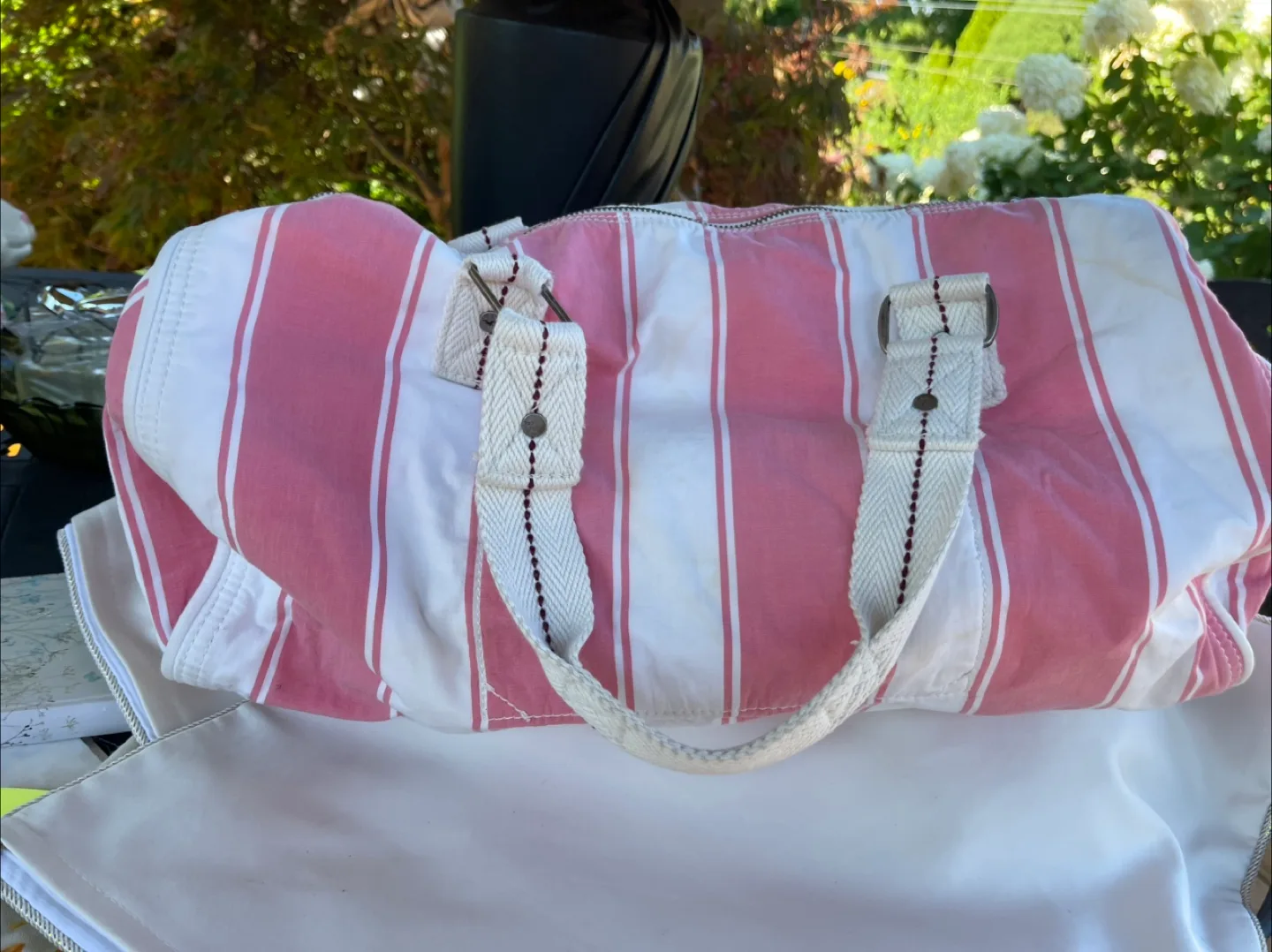 Hollister Pink & White Striped Duffle Bag image indicator(2)