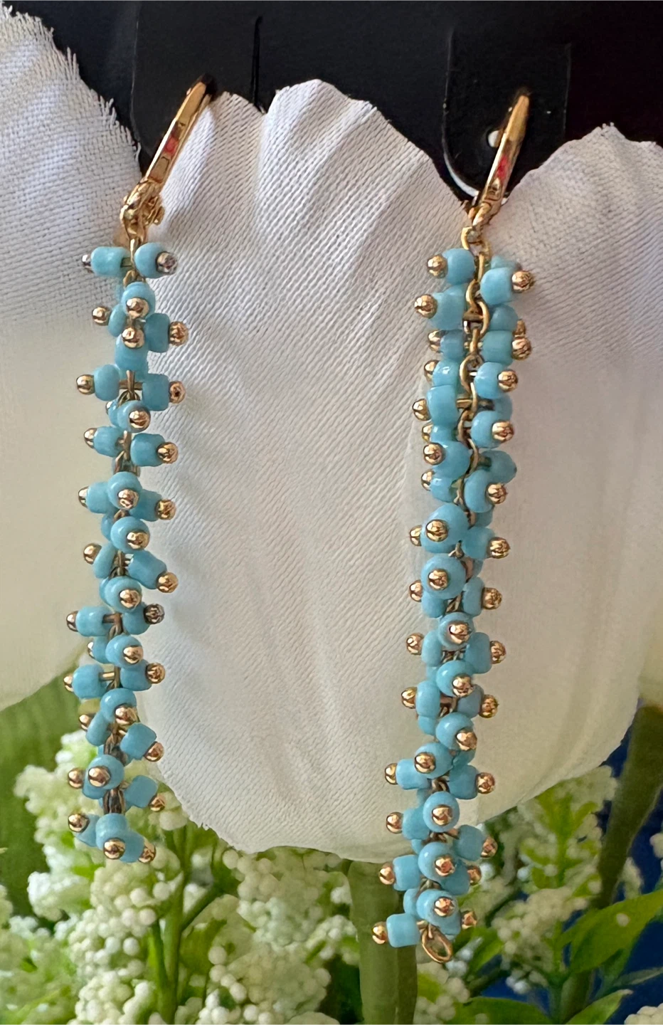Beautiful Beaded Dangle Earrings - Turquoise & Gold - photo 2