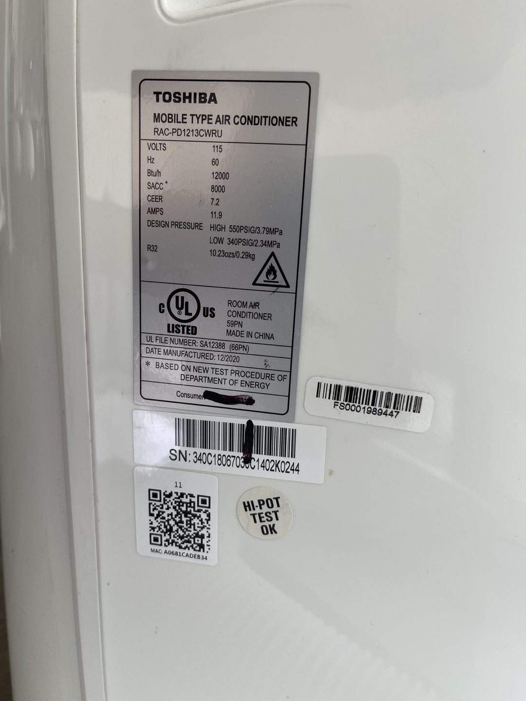 Toshiba Portable Air Conditioner RAC-PD1213CWRU - photo 4